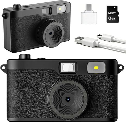 Screen Free Digital Camera, Reusable 12MP Vintage Digital Camera with Unlimited DIY Filters, OTG Support and Flash Light for Summer Camp with 8GB Micro SD Card, OTG Adapter and Type-C Cable（Black） in Kuwait