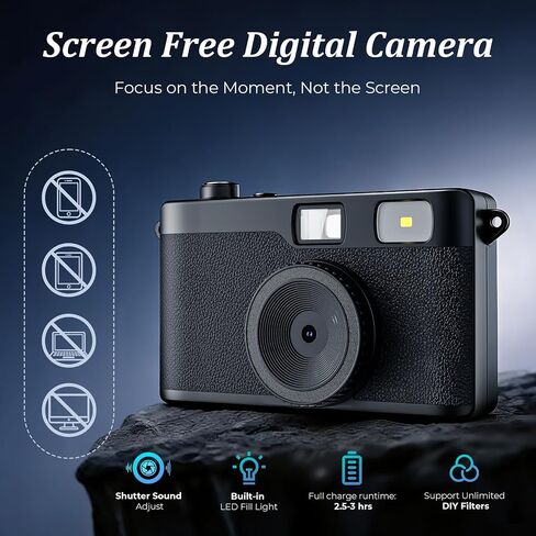 Screen Free Digital Camera, Reusable 12MP Vintage Digital Camera with Unlimited DIY Filters, OTG Support and Flash Light for Summer Camp with 8GB Micro SD Card, OTG Adapter and Type-C Cable（Black） in Kuwait