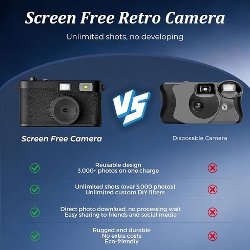 Screen Free Digital Camera, Reusable 12MP Vintage Digital Camera with Unlimited DIY Filters, OTG Support and Flash Light for Summer Camp with 8GB Micro SD Card, OTG Adapter and Type-C Cable（Black） in Kuwait