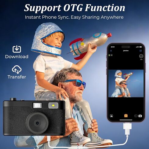 Screen Free Digital Camera, Reusable 12MP Vintage Digital Camera with Unlimited DIY Filters, OTG Support and Flash Light for Summer Camp with 8GB Micro SD Card, OTG Adapter and Type-C Cable（Black） in Kuwait