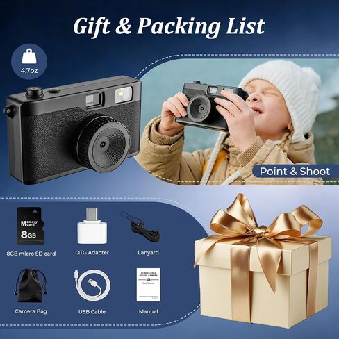 Screen Free Digital Camera, Reusable 12MP Vintage Digital Camera with Unlimited DIY Filters, OTG Support and Flash Light for Summer Camp with 8GB Micro SD Card, OTG Adapter and Type-C Cable（Black） in Kuwait