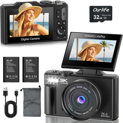 Ourlife Digital Cameras for Photography,5K 75MP Autofocus Vlogging Camera | YouTube with 18X Zoom,3" 180°Flip Screen Selfie Digital Camera Compact Travel Camera for Beginner Teens,2*Battery(32GB Card) in Saudi Arabia