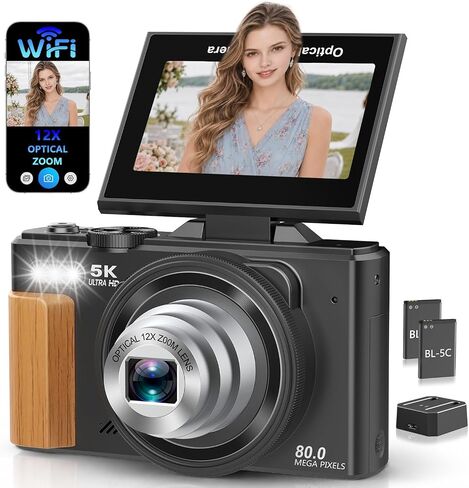 5K Digital Camera for Photography with 12X Optical Zoom, WiFi Vlog Camera | 80MP Autofocus Vlogging Camera for YouTube with 3" Flip Screen, Compact Travel Cameras, 2 Batteries & Charger, Black in Kuwait