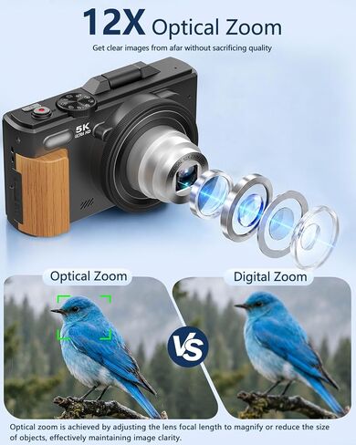 5K Digital Camera for Photography with 12X Optical Zoom, WiFi Vlog Camera | 80MP Autofocus Vlogging Camera for YouTube with 3" Flip Screen, Compact Travel Cameras, 2 Batteries & Charger, Black in Kuwait