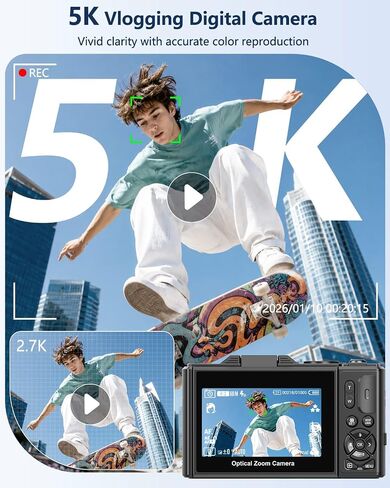 5K Digital Camera for Photography with 12X Optical Zoom, WiFi Vlog Camera | 80MP Autofocus Vlogging Camera for YouTube with 3" Flip Screen, Compact Travel Cameras, 2 Batteries & Charger, Black in Kuwait