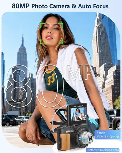 5K Digital Camera for Photography with 12X Optical Zoom, WiFi Vlog Camera | 80MP Autofocus Vlogging Camera for YouTube with 3" Flip Screen, Compact Travel Cameras, 2 Batteries & Charger, Black in Kuwait