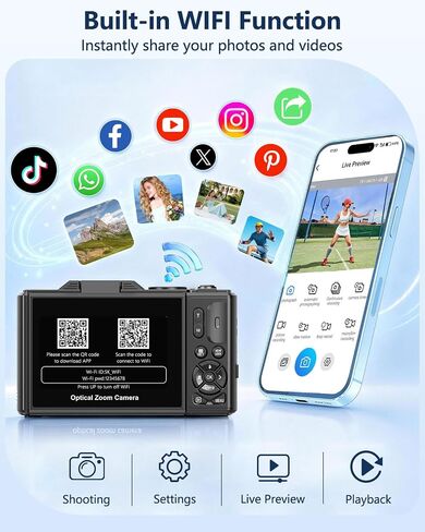 5K Digital Camera for Photography with 12X Optical Zoom, WiFi Vlog Camera | 80MP Autofocus Vlogging Camera for YouTube with 3" Flip Screen, Compact Travel Cameras, 2 Batteries & Charger, Black in Kuwait