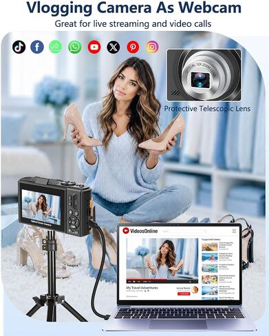 5K Digital Camera for Photography with 12X Optical Zoom, WiFi Vlog Camera | 80MP Autofocus Vlogging Camera for YouTube with 3" Flip Screen, Compact Travel Cameras, 2 Batteries & Charger, Black in Kuwait