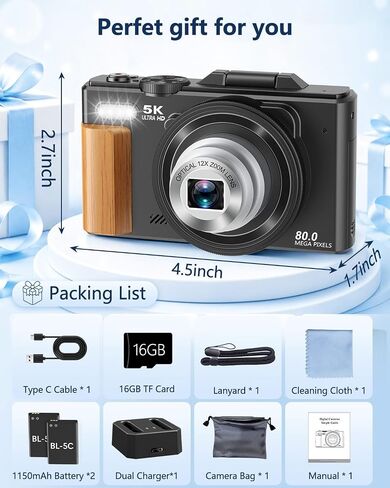 5K Digital Camera for Photography with 12X Optical Zoom, WiFi Vlog Camera | 80MP Autofocus Vlogging Camera for YouTube with 3" Flip Screen, Compact Travel Cameras, 2 Batteries & Charger, Black in Kuwait