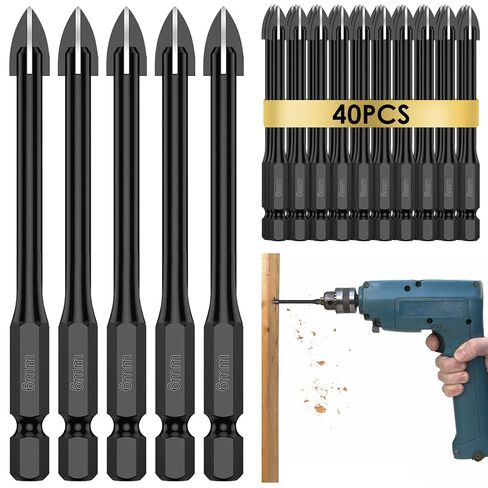 40 PCS Tile Drill Bits 6mm 1/4"Masonry Drill Bits Concrete Drill Bit Set Alloy 1/4 Hex Shank for Tile Glass Mirror Ceramic Wood Brick (4 Set,1/4'' 6mm,40pcs) in Kuwait