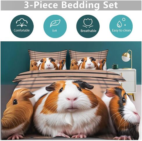 3 Pieces Guinea Pigs Bedding Set with Zipper | Includes 1 Duvet Cover 102"x90" and 2 Pillow Shams 30"x20", Thickened Ultra Soft Comfy Breathable Fade & Wrinkle Resistant in Kuwait