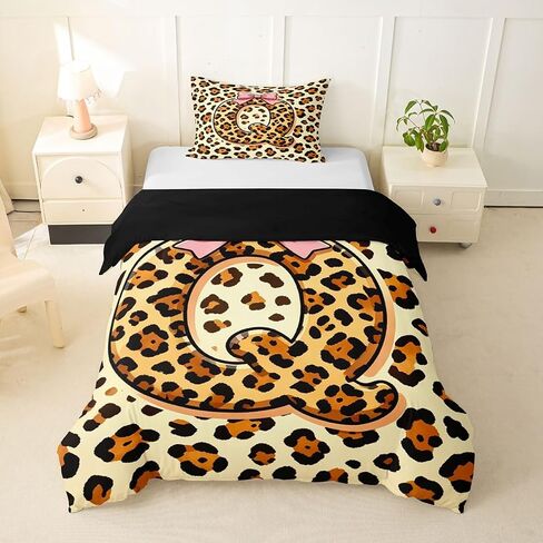 Feelyou Leopard Print Duvet Cover Toddler Size Initial Letter Bedding Set for Boys Girls Pink Bow Princess Comforter Cover Bedroom Decor 2Pcs No Comforter Zipper Closure with 1 Pillowcase in Kuwait