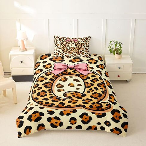 Feelyou Leopard Print Duvet Cover Toddler Size Initial Letter Bedding Set for Boys Girls Pink Bow Princess Comforter Cover Bedroom Decor 2Pcs No Comforter Zipper Closure with 1 Pillowcase in Kuwait