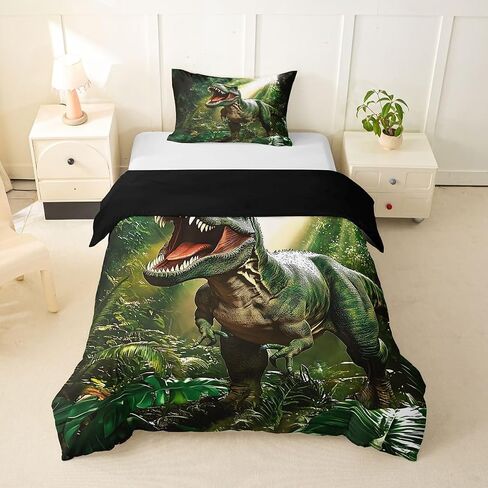 Feelyou Dinosaur Duvet Cover Toddler Size 3D Digital Print Bedding Set Breathable Soft Jungle Dino Comforter Cover 2Pcs Wild Animal Bedroom Decor Green White No Comforter Microfiber Zipper Closure in Kuwait