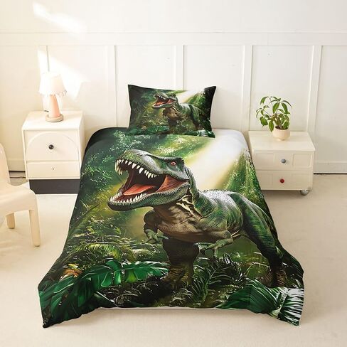 Feelyou Dinosaur Duvet Cover Toddler Size 3D Digital Print Bedding Set Breathable Soft Jungle Dino Comforter Cover 2Pcs Wild Animal Bedroom Decor Green White No Comforter Microfiber Zipper Closure in Kuwait