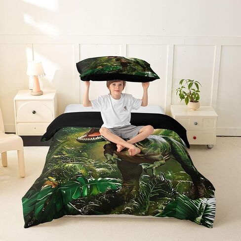 Feelyou Dinosaur Duvet Cover Toddler Size 3D Digital Print Bedding Set Breathable Soft Jungle Dino Comforter Cover 2Pcs Wild Animal Bedroom Decor Green White No Comforter Microfiber Zipper Closure in Kuwait