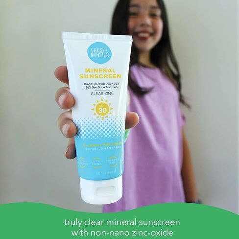 Fresh Monster Kids Mineral Sunscreen SPF 30, Zinc Oxide, Face & Body, 3 oz | 20% Non-Nano Zinc Oxide, No White Cast, Reef Safe, Organic Chamomile & Calendula, Hypoallergenic, Made in USA in Kuwait