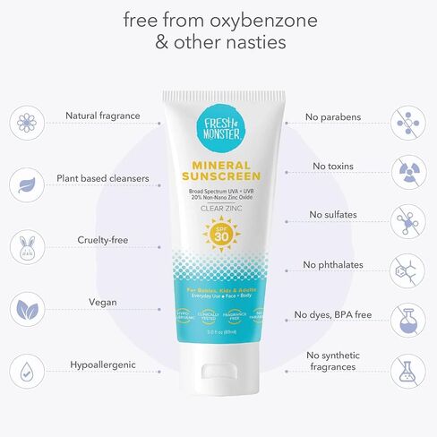 Fresh Monster Kids Mineral Sunscreen SPF 30, Zinc Oxide, Face & Body, 3 oz | 20% Non-Nano Zinc Oxide, No White Cast, Reef Safe, Organic Chamomile & Calendula, Hypoallergenic, Made in USA in Kuwait