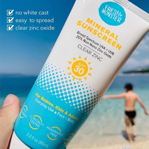 Fresh Monster Kids Mineral Sunscreen SPF 30, Zinc Oxide, Face & Body, 3 oz | 20% Non-Nano Zinc Oxide, No White Cast, Reef Safe, Organic Chamomile & Calendula, Hypoallergenic, Made in USA in Kuwait