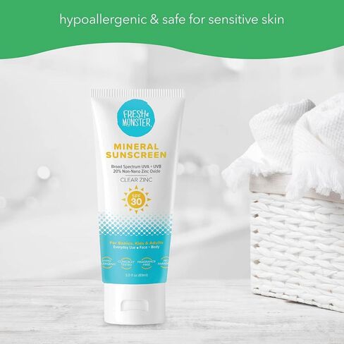 Fresh Monster Kids Mineral Sunscreen SPF 30, Zinc Oxide, Face & Body, 3 oz | 20% Non-Nano Zinc Oxide, No White Cast, Reef Safe, Organic Chamomile & Calendula, Hypoallergenic, Made in USA in Kuwait