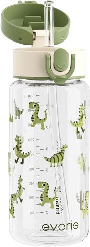 Evorie Tritan Kids Water Bottle with Straw, 13oz BPA-Free Leak-Proof Drinking Bottle for School & Travel, Lightweight Clear Water Bottle, Dishwasher Safe, for Kids Ages 3+ (Green Dino) in Kuwait