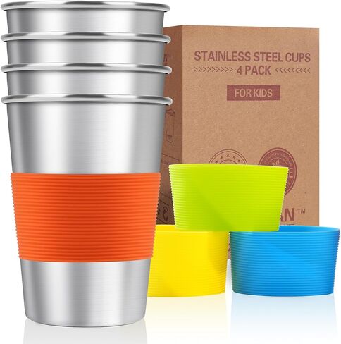 Stainless Steel Cups for Kids with Silicone Sleeves 7.8oz/230ml (4 Pack) | Stainless Steel Tumbler, Kids Cups, Camping Stainless Steel Cups, Stackable Durable Metal Drinking Glasses for Home, BPA Free in Kuwait