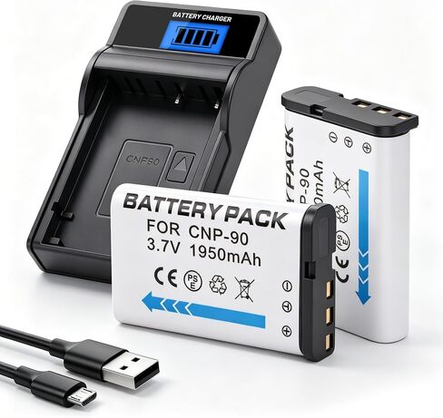 2-Pack Battery and LCD USB Charger Compatible with Casio NP-90 NP-90DBA Battery, BC-90L Charger, Casio Exilim EX-FH100 EX-FH100BK Exilim EX-H10 EX-H15 Exilim EX-H20 EX-H20G EX-H20GBK EX-H20GSR in Kuwait