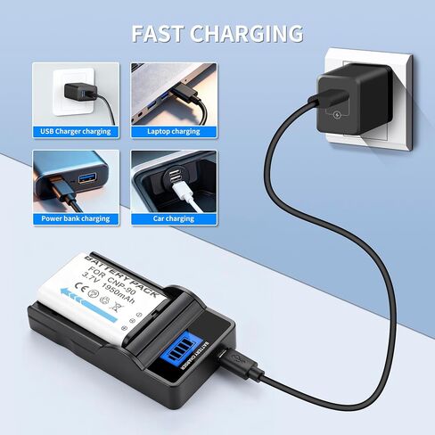 2-Pack Battery and LCD USB Charger Compatible with Casio NP-90 NP-90DBA Battery, BC-90L Charger, Casio Exilim EX-FH100 EX-FH100BK Exilim EX-H10 EX-H15 Exilim EX-H20 EX-H20G EX-H20GBK EX-H20GSR in Kuwait