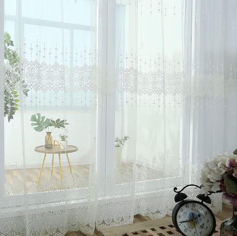 White Modern Semi 50 Width Sheer Curtains Voile Window Yarn Curtain Rod Pocket Embroidery Gauze for Living Kids Room Bedroom Balcony(1 Panel, W 50 x L 72 inch, White) in Kuwait
