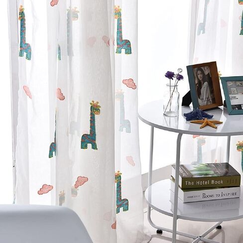 Giraffe Embroidery in Children's Room 50 Width Sheer Curtains Voile Window Yarn Curtain Rod Pocket Top for Living Kids Room Bedroom Balcony(1 Panel, W 50 x L 95 inch, White) in Kuwait