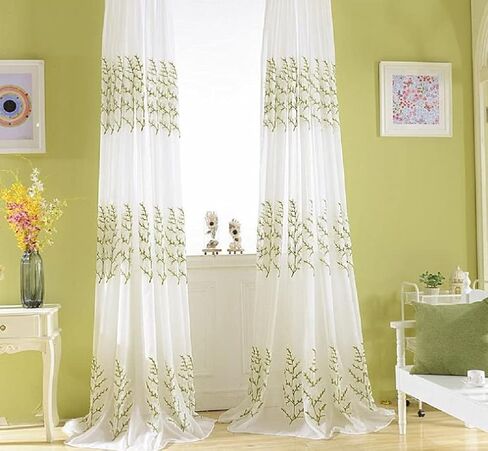 Rustic 50 Width Sheer Curtains Voile Window Yarn Curtain Pine Tree Floral Embroidered Home Decor Rod Pocket Tulle for Living Kids Room Bedroom Balcony(1 Panel, W 50 x L 102 inch, Green) in Kuwait