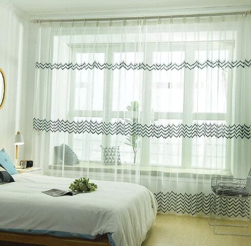 Draped Blue Wave Embroidery 100 Width Sheer Curtains Voile Window Yarn Curtain Rod Pocket Top for Living Kids Room Bedroom Balcony(1 Panel, W 100 x L 95 inch, White) in Kuwait