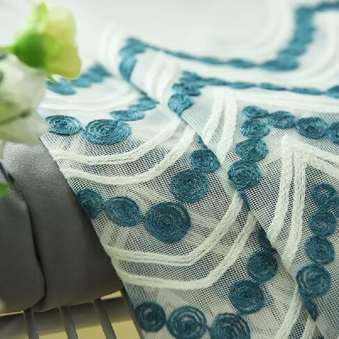 Draped Blue Wave Embroidery 100 Width Sheer Curtains Voile Window Yarn Curtain Rod Pocket Top for Living Kids Room Bedroom Balcony(1 Panel, W 100 x L 95 inch, White) in Kuwait