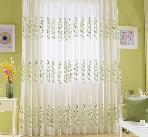 Rustic 50 Width Sheer Curtains Voile Window Yarn Curtain Pine Tree Floral Embroidered Home Decor Rod Pocket Tulle for Living Kids Room Bedroom Balcony(1 Panel, W 50 x L 95 inch, Green) in Kuwait
