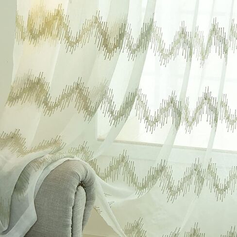 Linen Textured Semi 50 Width Sheer Curtains Voile Window Yarn Curtain Embroidery Zig Zag Wave Pattern Design Rod Pocket for Living Kids Room Bedroom Balcony(1 Panel, W 50 x L 72 inch, White) in Kuwait