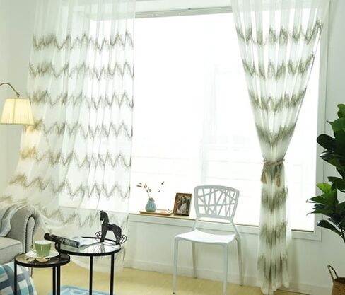 Linen Textured Semi 50 Width Sheer Curtains Voile Window Yarn Curtain Embroidery Zig Zag Wave Pattern Design Rod Pocket for Living Kids Room Bedroom Balcony(1 Panel, W 50 x L 72 inch, White) in Kuwait