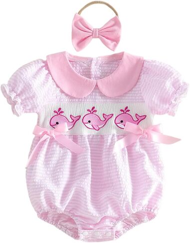 Baby Girl Romper Newborn Infant Short Sleeve Embroidered Smocked Jumpsuit with Headband Summer Outfit Clothes in Kuwait
