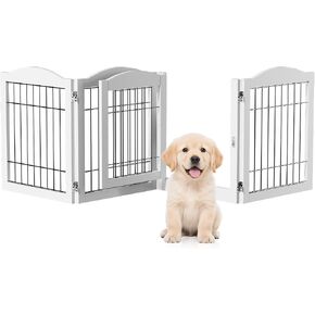 Bonnlo Freestanding Dog Gate, 24" H Pet Gate with 6 Panel Walk Through Door, Foldable Dog Safety Fence for Stairs Doorways Fireplace Up to 146'' Wide (White, 24" H-6 Panels with Door) in Kuwait