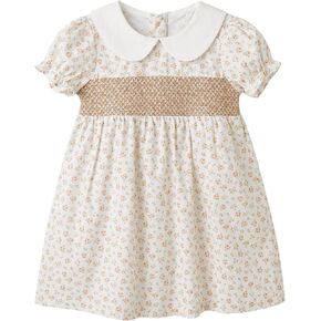 pureborn Baby Toddler Girl Dress Smocked Floral Summer Outfits 18M-5T | lightweight woven cotton, breathable, back zipper closure, puff short sleeve, peter pan collar, A-Line, allover floral print in Saudi Arabia