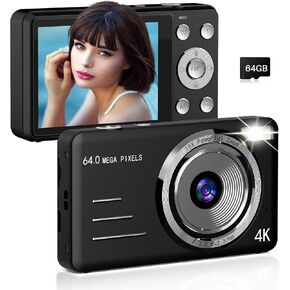 كاميرا رقمية FHD 1080P للأطفال، 48 ميجابكسل نقطة واطلاق النار مع بطاقة 64 جيجابايت، تكبير 16X، مضادة للاهتزاز، كاميرا صغيرة مدمجة للأطفال هدايا للمراهقات والبنات والأولاد باللون الأسود in Kuwait