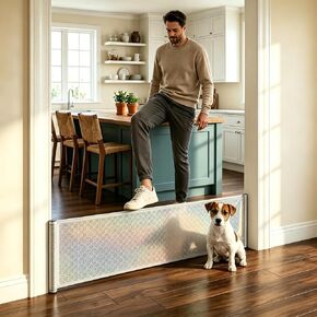 17" Step Over Retractable Dog Gate, 49" Wide Adjustable No-Drill Pet Barrier, Plastic Indoor Puppy Gate for Doorways Stairs Hallways, Small Dog Containment with Adhesive Hooks in Kuwait