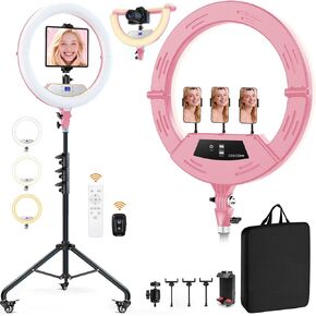 22" Foldable Ring Light with Stand for iPhone ipad, 75" Tripod with Wheels 50W 6500K LED Display/2 USB Ports Large Ringlight Rolling, Tattoo Barber Makeup Studio Video Photography Lighting(Pink) in Saudi Arabia