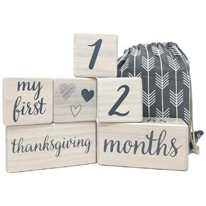 Pondering Pine Baby Milestone Blocks - Natural White Stain Pine Wood with Weeks Months Years Grade and Holidays, Newborn Weekly Monthly First Year Picture Props, 6 Block Milestones Age Set with Bag in Saudi Arabia