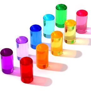Rainbow Acrylic Blocks, 10 Stackable Cylinders for Kids Ages 3+ | 10 acrylic color blocks, 2 x 1 in, stackable, ages 3+, white paper box for gift wrap, preschool and light table use in Kuwait