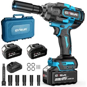 GEVEELIFE 1200N.m (900Ft-lbs) Brushless Impact Wrench, 1/2" Cordless Impact Driver with 2x 4.0Ah Battery, Fast Charger & 5 Sockets, High Torque, Electric Impact Gun for Car/Truck/RV/Mower in Kuwait