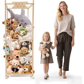 Stuffed Animal Storage Zoo with Wheels, Wooden Large Stuff Animals Plushies Holder, 22.5" D x 22.5" W x 64" H Toy Organizer Storage Cage with Elastic Band and Net for Nursery Playroom Bedroom in Saudi Arabia