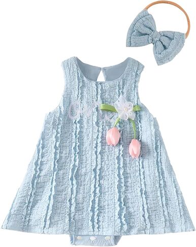 Baby Girl 1st Birthday Outfit Infant Yellow Butter Fairy Bubble Romper Dress with 3D Flower&Headband Sleeveless Bodysuit in Kuwait