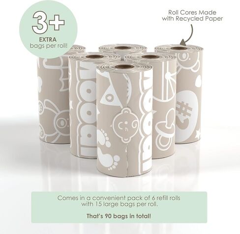 Disposable Diaper Bags (90 BAGS in TOTAL) | NON-SCENTED Dirty Diaper Disposal Baggies (6 Refill Rolls 9 x 13in) | Leak Proof Nappy Trash Bags on the Go | Baby Poop Bags | Travel Diaper Bags Refill in Kuwait