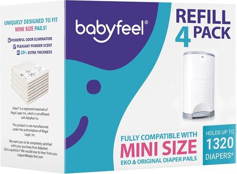 Babyfeel Refills Compatible with DEKOR MINI Diaper Pails | 4 Pack | Exclusive 20% Extra Thickness | Diaper Pail Refills with Powerful Odor Elimination | Powder Scent | Holds up to 1320 Diapers in Kuwait