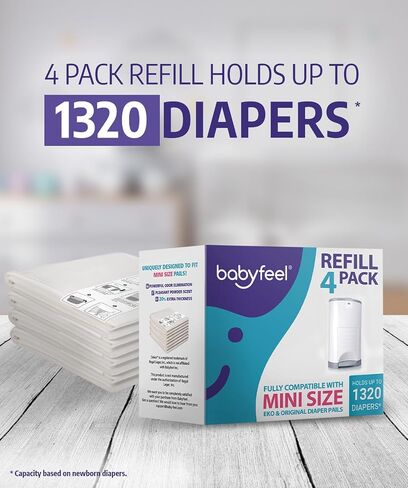 Babyfeel Refills Compatible with DEKOR MINI Diaper Pails | 4 Pack | Exclusive 20% Extra Thickness | Diaper Pail Refills with Powerful Odor Elimination | Powder Scent | Holds up to 1320 Diapers in Kuwait
